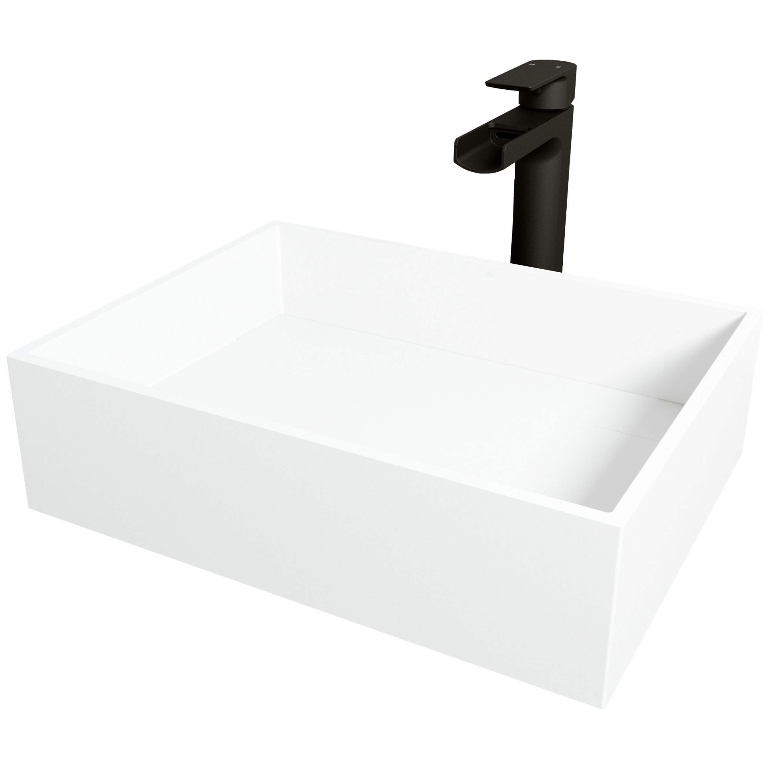 VIGO Montauk MatteStone™ Rectangular Composite Vessel Bathroom Sink/Basin Set in White, with Amada Faucet & Pop-Up Drain in Matte Black Front_Angled_Left