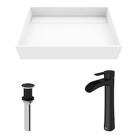 VIGO Montauk MatteStone™ Rectangular Composite Vessel Bathroom Sink/Basin Set in White, with Niko Faucet & Pop-Up Drain in Matte Black Composite_or_Mixed