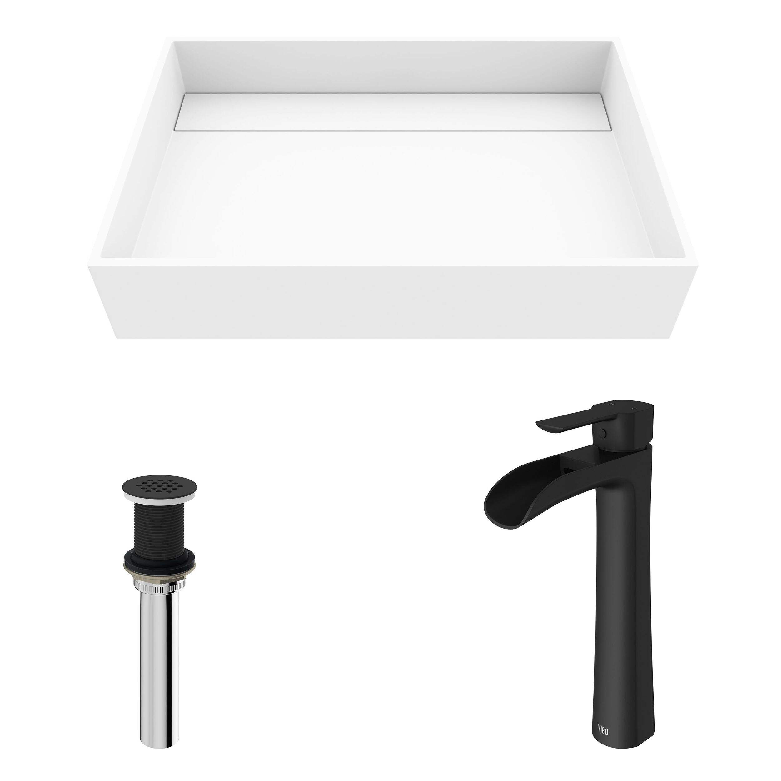 VIGO Montauk MatteStone™ Rectangular Composite Vessel Bathroom Sink/Basin Set in White, with Niko Faucet & Pop-Up Drain in Matte Black Composite_or_Mixed