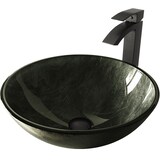 VIGO Glass Round Vessel Bathroom Sink/Basin Set in Grey Onyx, with Duris Faucet & Pop-Up Drain in Matte Black Front_Angled_Left