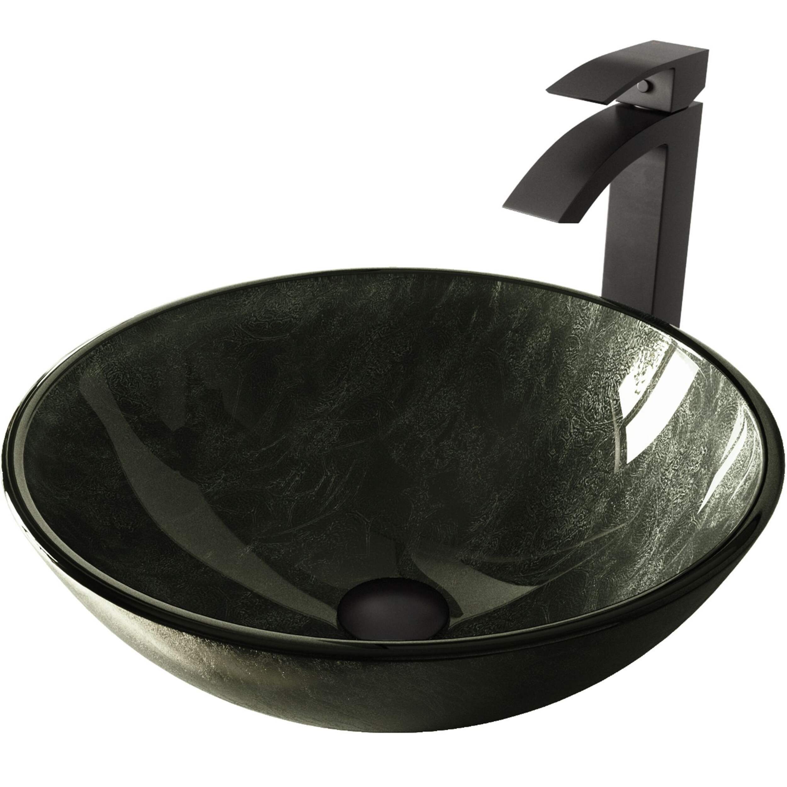 VIGO Glass Round Vessel Bathroom Sink/Basin Set in Grey Onyx, with Duris Faucet & Pop-Up Drain in Matte Black Front_Angled_Left