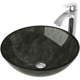 VIGO Glass Round Vessel Bathroom Sink/Basin Set in Grey Onyx, with Linus Faucet & Pop-Up Drain in Chrome Front_Angled_Left