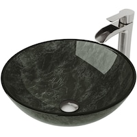 VIGO Glass Round Vessel Bathroom Sink/Basin Set in Grey Onyx, with Niko Faucet & Pop-Up Drain in Brushed Nickel Front_Angled_Left