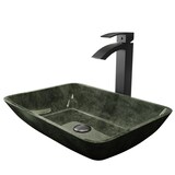 VIGO Glass Rectangular Vessel Bathroom Sink/Basin Set in Grey Onyx, with Duris Faucet & Pop-Up Drain in Matte Black Front_Angled_Left
