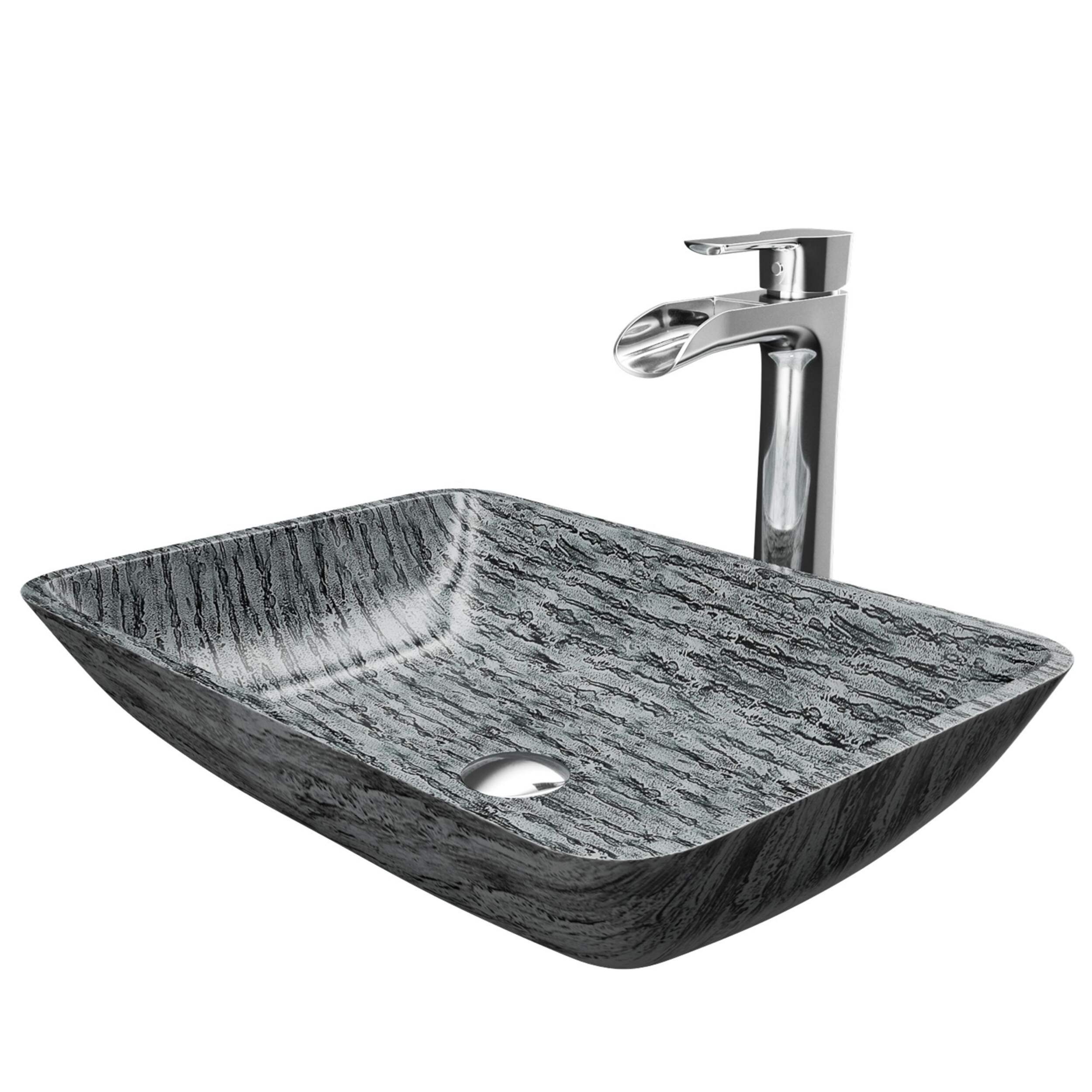 VIGO Titanium Glass Rectangular Vessel Bathroom Sink/Basin Set in Slate Grey, with Niko Faucet & Pop-Up Drain in Chrome Front_Angled_Left