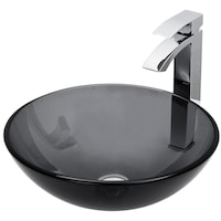VIGO Glass Round Vessel Bathroom Sink/Basin Set in Sheer Black, with Duris Faucet & Pop-Up Drain in Chrome Front_Three_Fourths_Angled_Left