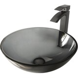 VIGO Glass Round Vessel Bathroom Sink/Basin Set in Sheer Black, with Duris Faucet & Pop-Up Drain in Matte Black Front_Angled_Left