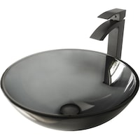 VIGO Glass Round Vessel Bathroom Sink/Basin Set in Sheer Black, with Duris Faucet & Pop-Up Drain in Matte Black Front_Angled_Left