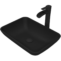 VIGO Sottile MatteShell™ Glass Rectangular Vessel Bathroom Sink/Basin Set with Niko Faucet & Pop-Up Drain in Matte Black Front_Angled_Left