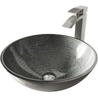 VIGO Glass Round Vessel Bathroom Sink/Basin Set in Simply Silver, with Duris Faucet & Pop-Up Drain in Brushed Nickel Front_Angled_Left