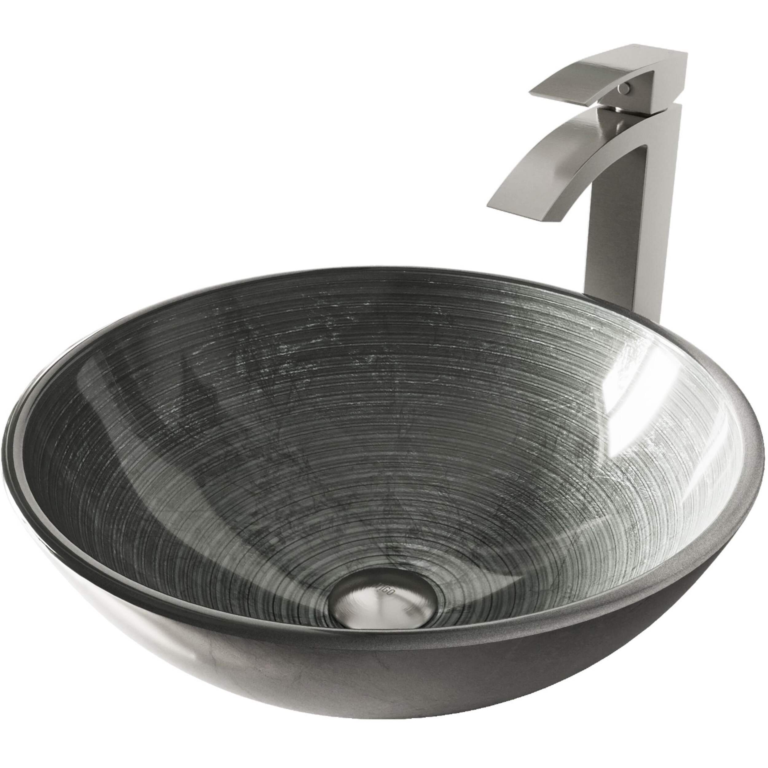 VIGO Glass Round Vessel Bathroom Sink/Basin Set in Simply Silver, with Duris Faucet & Pop-Up Drain in Brushed Nickel Front_Angled_Left