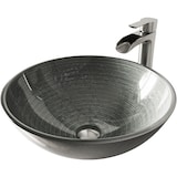 VIGO Glass Round Vessel Bathroom Sink/Basin Set in Simply Silver, with Niko Faucet & Pop-Up Drain in Brushed Nickel Front_Angled_Left
