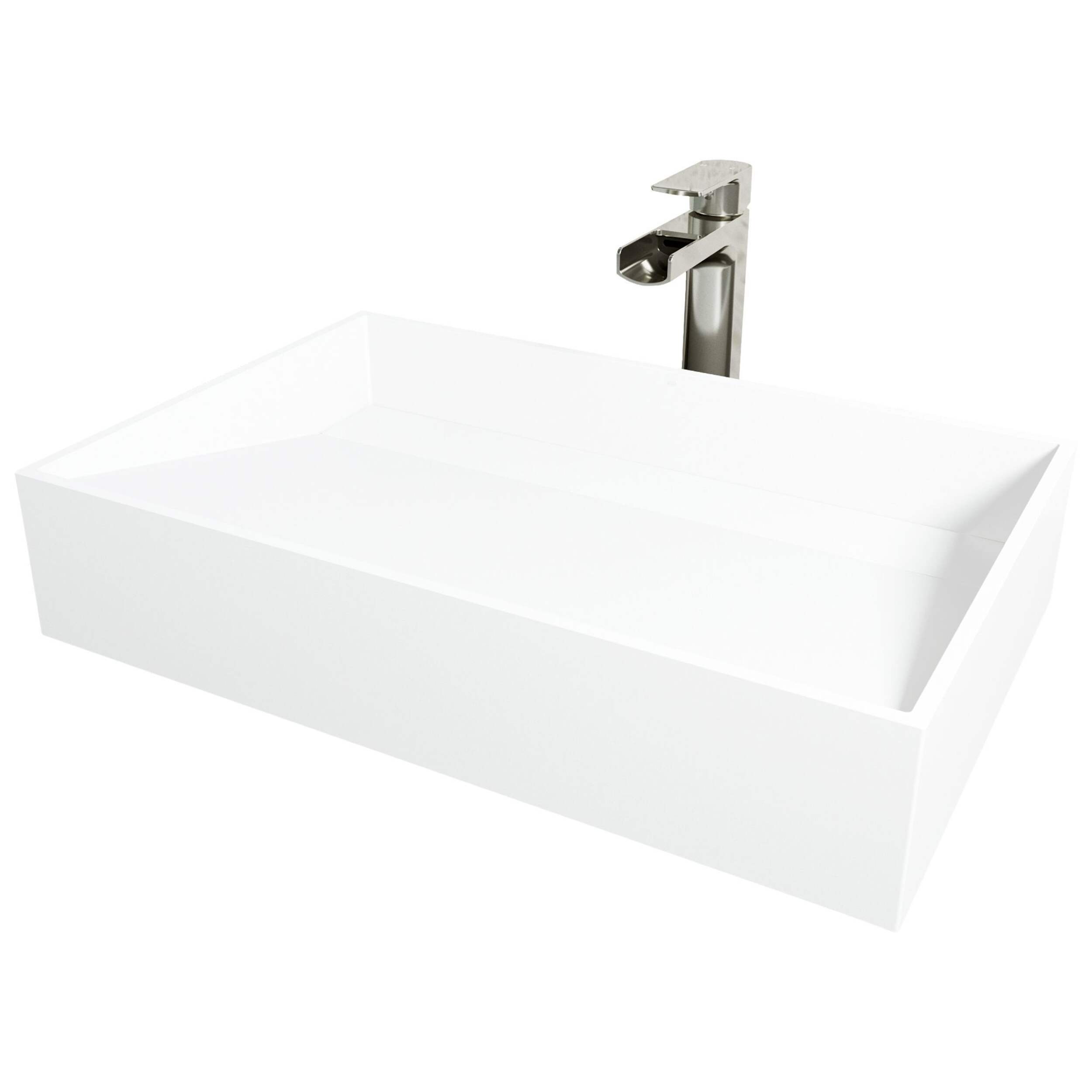 VIGO Starr Glass MatteStone™ Rectangular Composite Vessel Bathroom Sink/Basin Set in White, with Amada Faucet & Pop-Up Drain in Chrome Front_Angled_Left