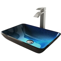 VIGO Glass Rectangular Vessel Bathroom Sink/Basin Set in Turquoise Water, with Duris Faucet & Pop-Up Drain in Brushed Nickel Front_Angled_Left