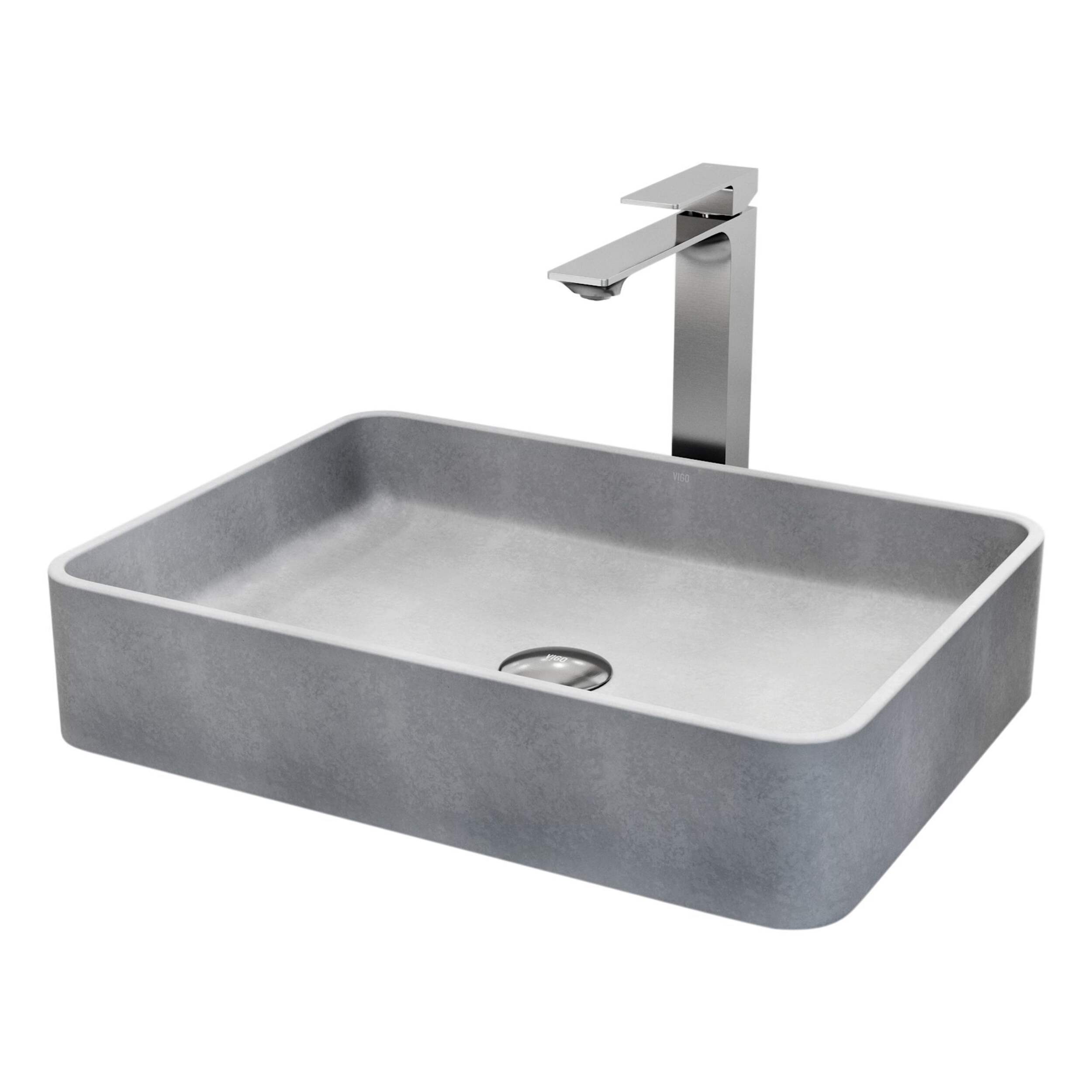 Lavabo vasque rectangulaire VIGO Tarragona ConcretoStone, gris, robinet Dunn et drain poussoir nickel brossé Front_Three_Fourths_Angled_Left