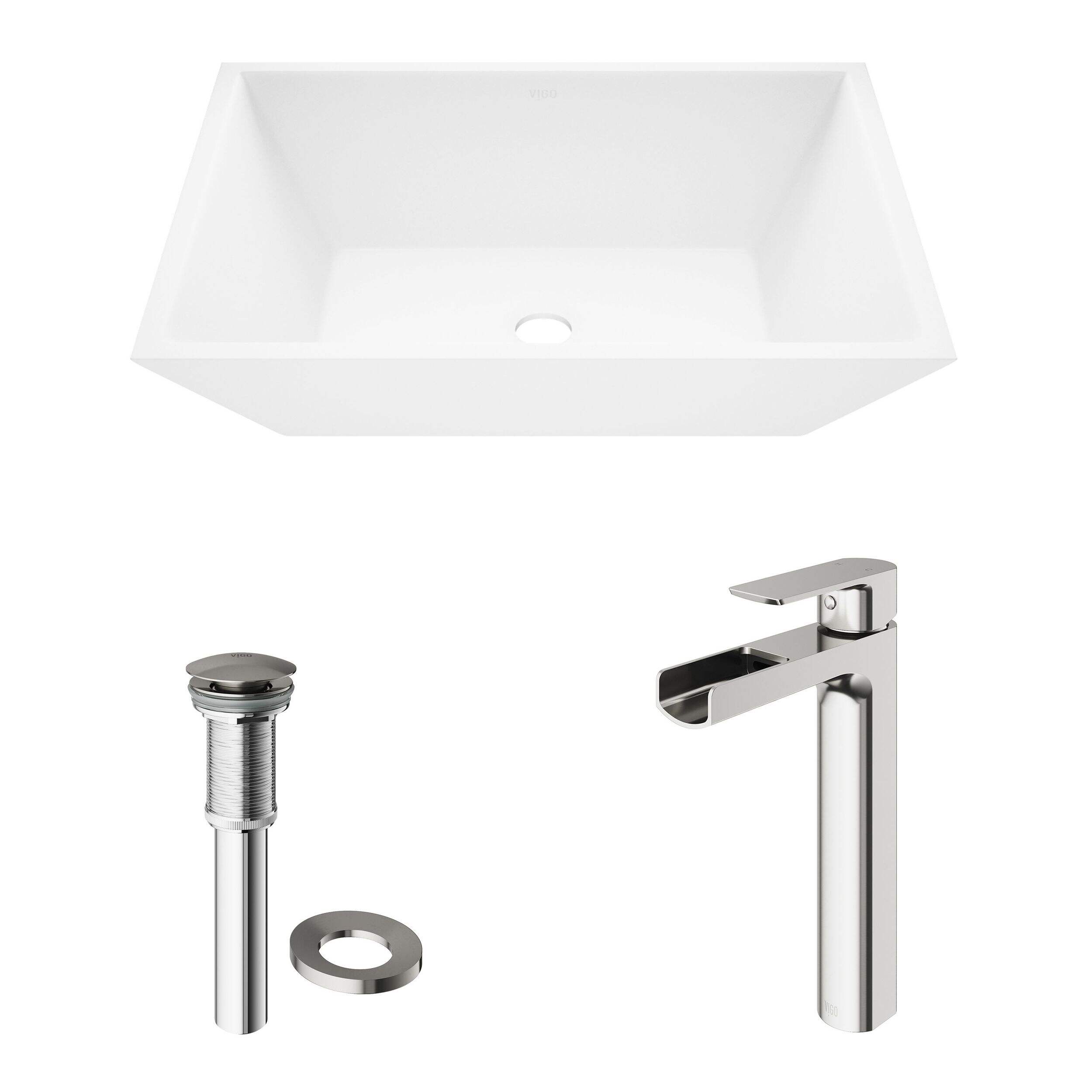 Lavabo rectangulaire en composite VIGO Vinca MatteStone, blanc, robinet Amada et drain poussoir nickel brossé Composite_or_Mixed