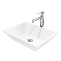 Lavabo rectangulaire en composite VIGO Vinca MatteStone, blanc, robinet Sterling et drain poussoir nickel brossé Front_Angled_Left