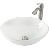 VIGO White Frost Round Glass Vessel Bathroom Sink/Basin Set in White, with Linus Faucet & Pop-Up Drain in Brushed Nickel Front_Angled_Left