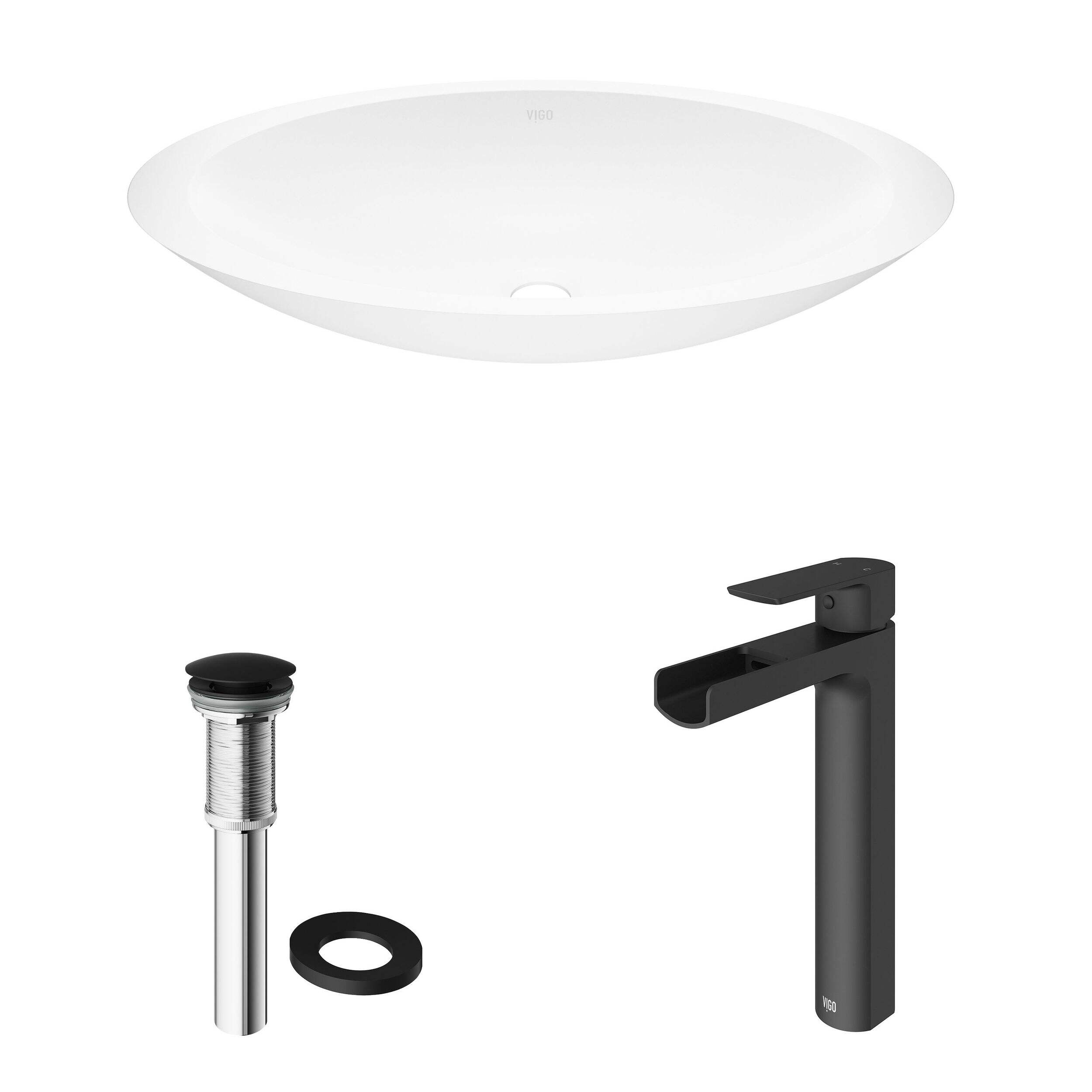 VIGO Wisteria MatteStone™ Oval Composite Vessel Bathroom Sink/Basin Set in White, with Amada Faucet & Pop-Up Drain in Matte Black Composite_or_Mixed
