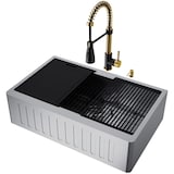 VIGO Oxford 1-Bowl Farmhouse Sink with Brant Faucet MGMB, 33-in Overhead_Plunge