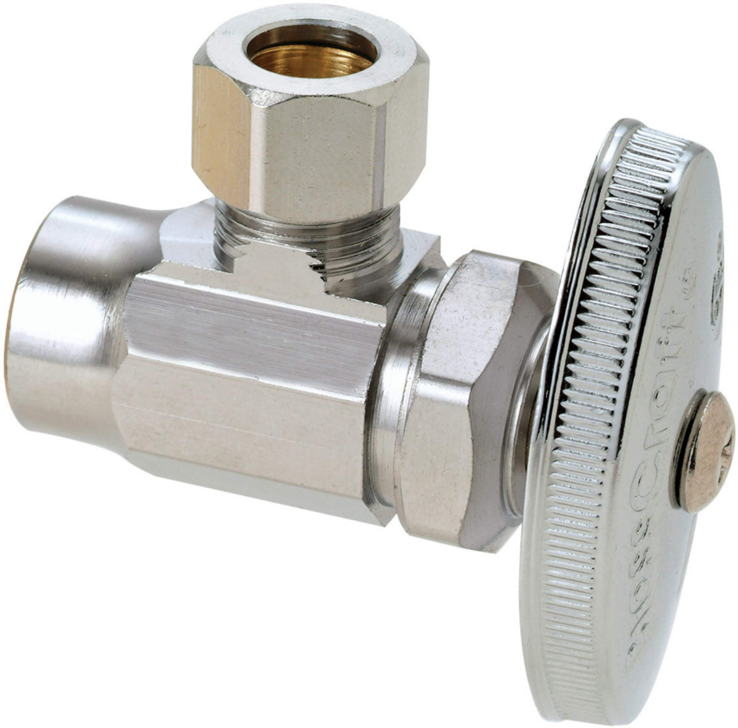 BrassCraft Chrome Angle Valve, 1/2-in Nom. Sweat x 3/8-in OD Comp. Front_Angled_Right