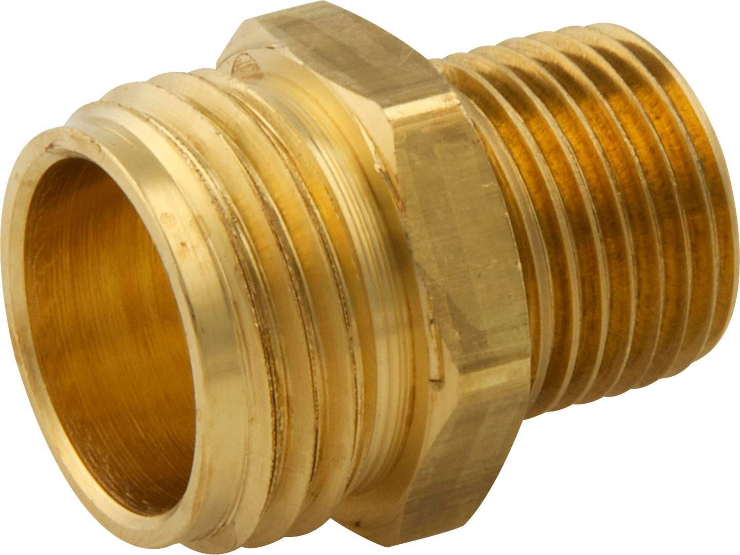 PlumbShop Brass Hose Adapter, 1/2-in MIP x 3/4-in MHT, 1-pk Front_Three_Fourths_Angled_Left