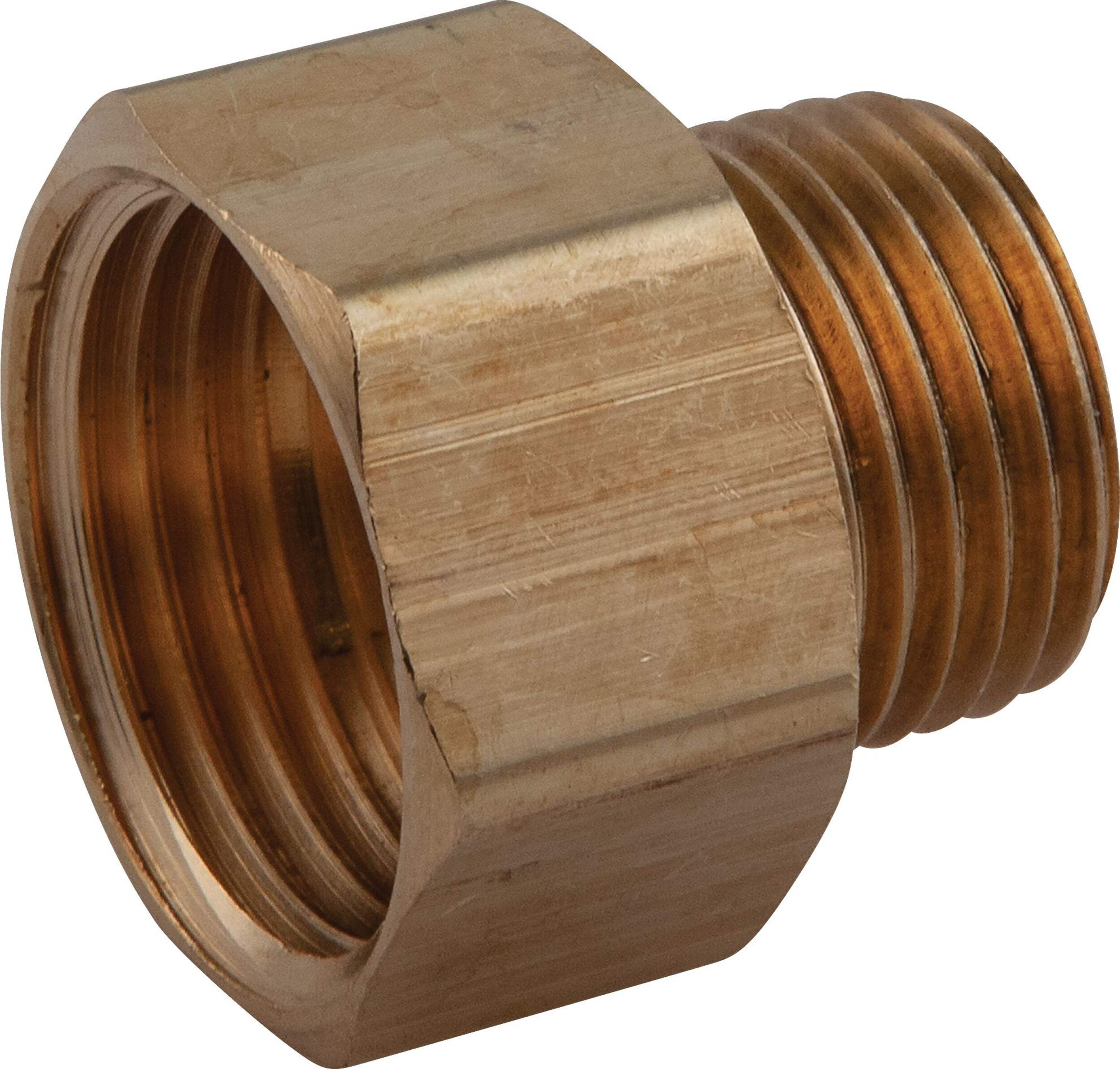 PlumbShop Brass Garden Hose Adapter, 3/4-in Female Hose x 1/2-in MIP Front_Angled_Left