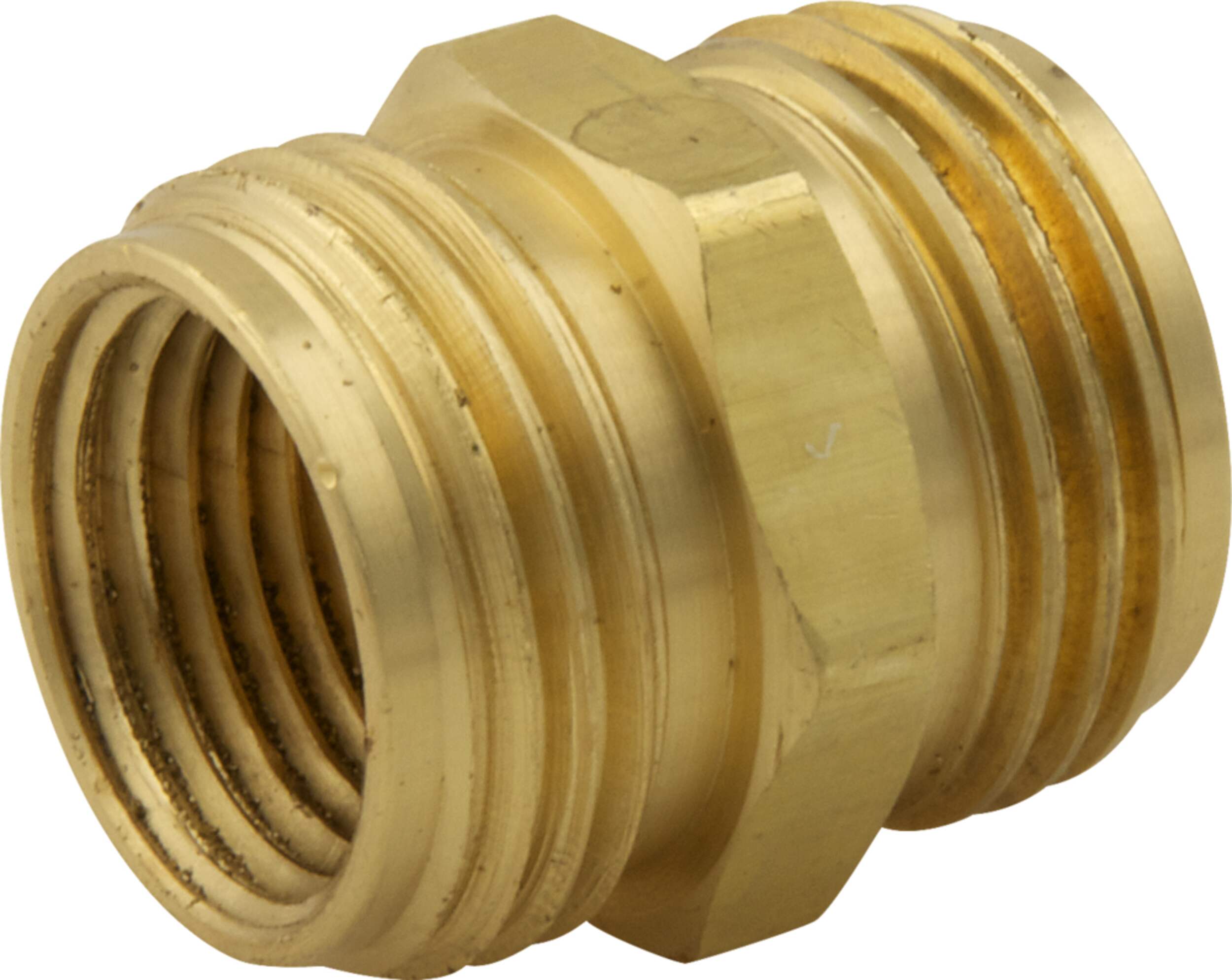 PlumbShop Brass Garden Hose Adapter, 3/4-in Male Hose x 3/4-in Male Hose Front_Angled_Left