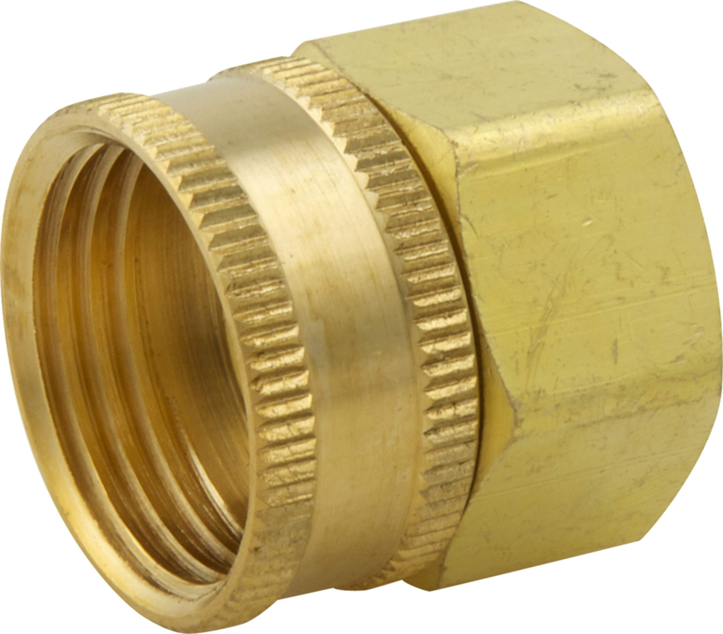 PlumbShop Brass Hose Adapter, 3/4-in FH x 1/2-in FIP Swivel Front_Angled_Left