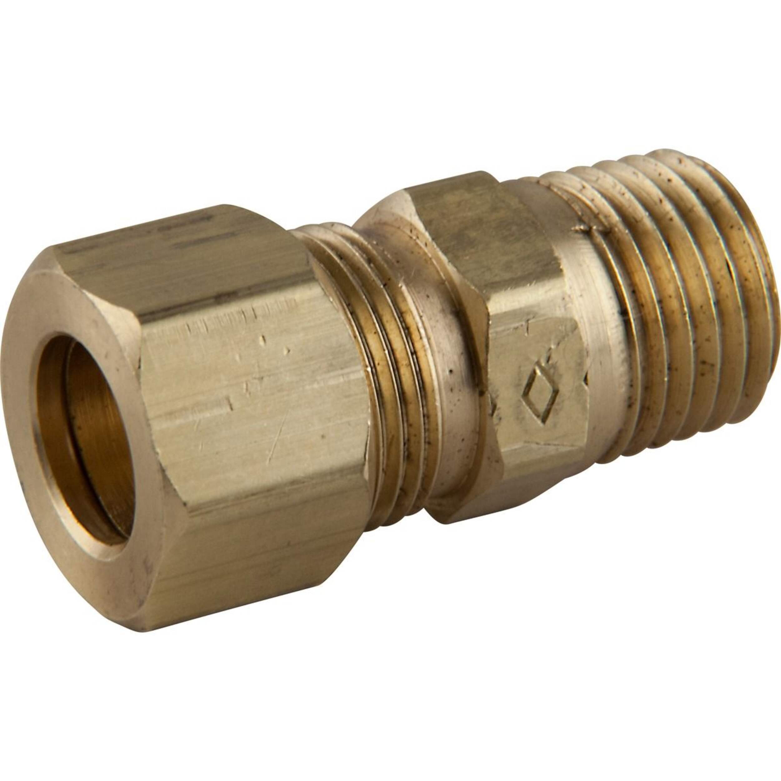 PlumbShop Brass Compression Fitting, 1/4-in MIP x 3/8-in OD, 1-pk Front_Three_Fourths_Angled_Left