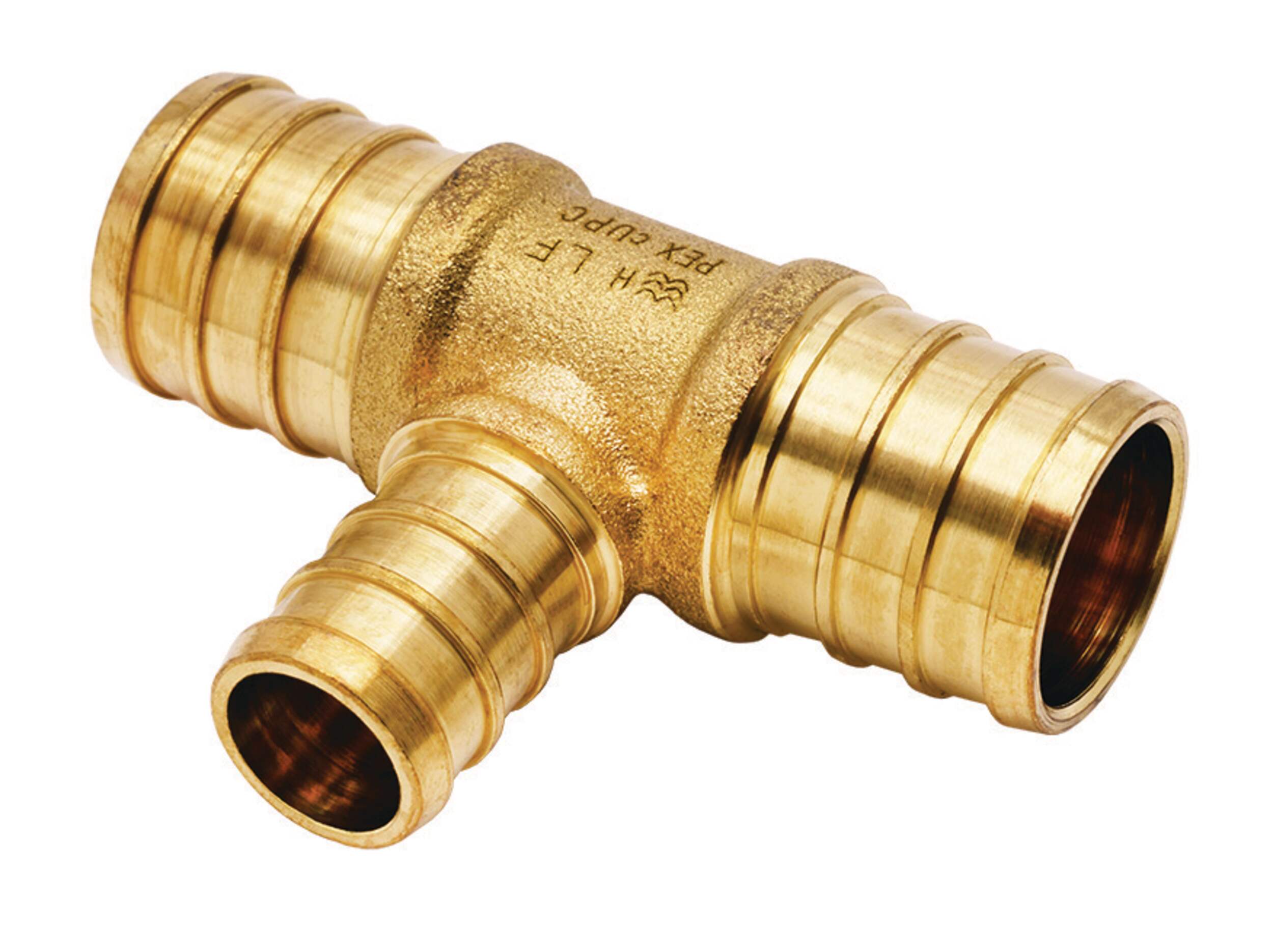 Waterline Solid Brass Tee Fitting for PEX Pipe, 3/4 x 3/4 x 1/2-in Front_Three_Fourths_Angled_Left