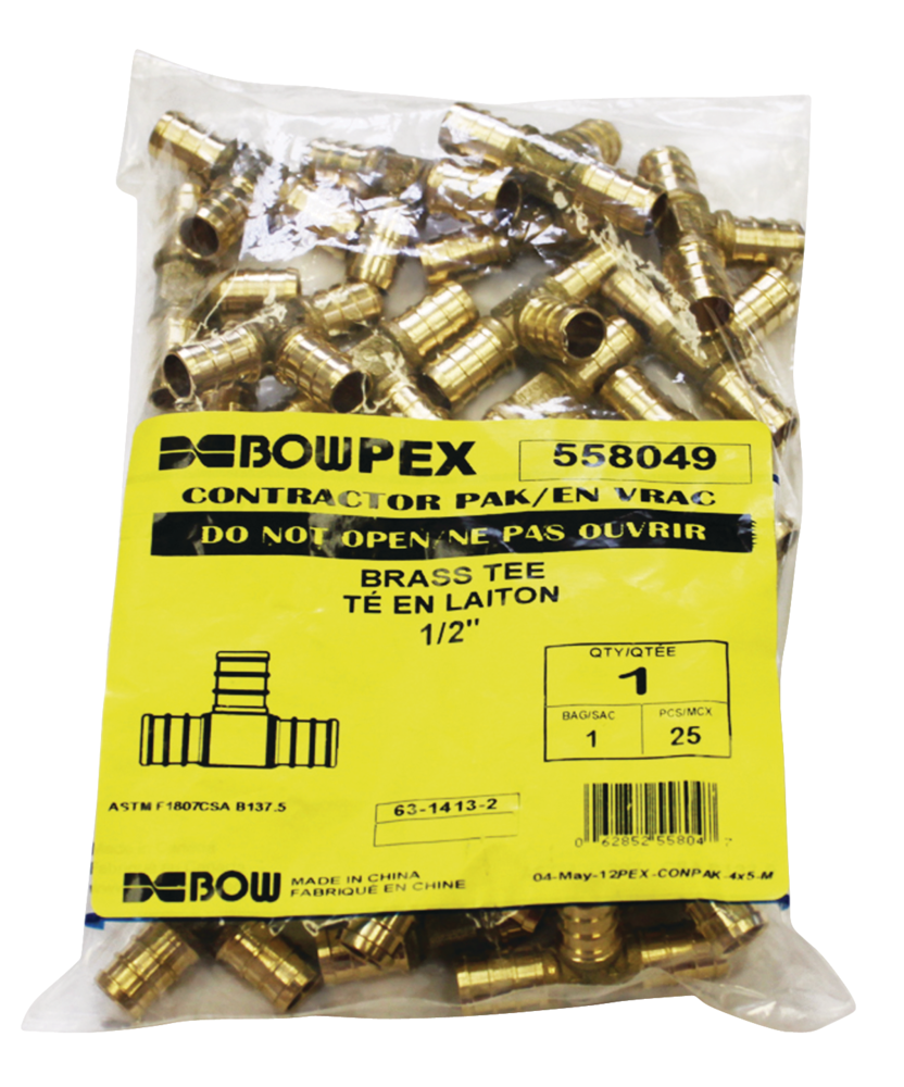 Waterline Solid Brass Tee Fitting Contractor Pack for PEX Pipe, 1/2in