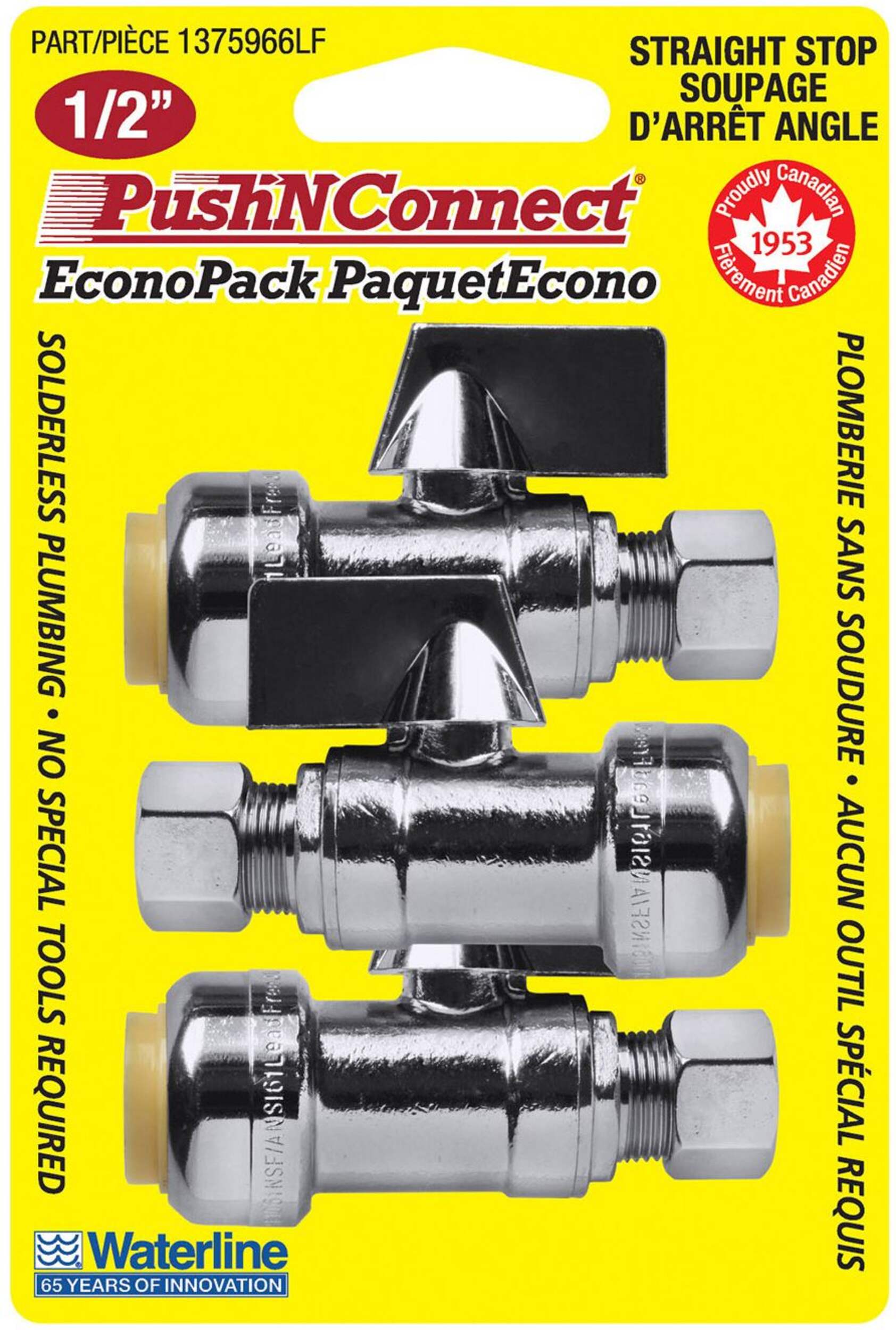 Waterline Push N' Connect Straight Stop Valve Set, 1/2 x 3/8-in, 3-pk Front_Flat