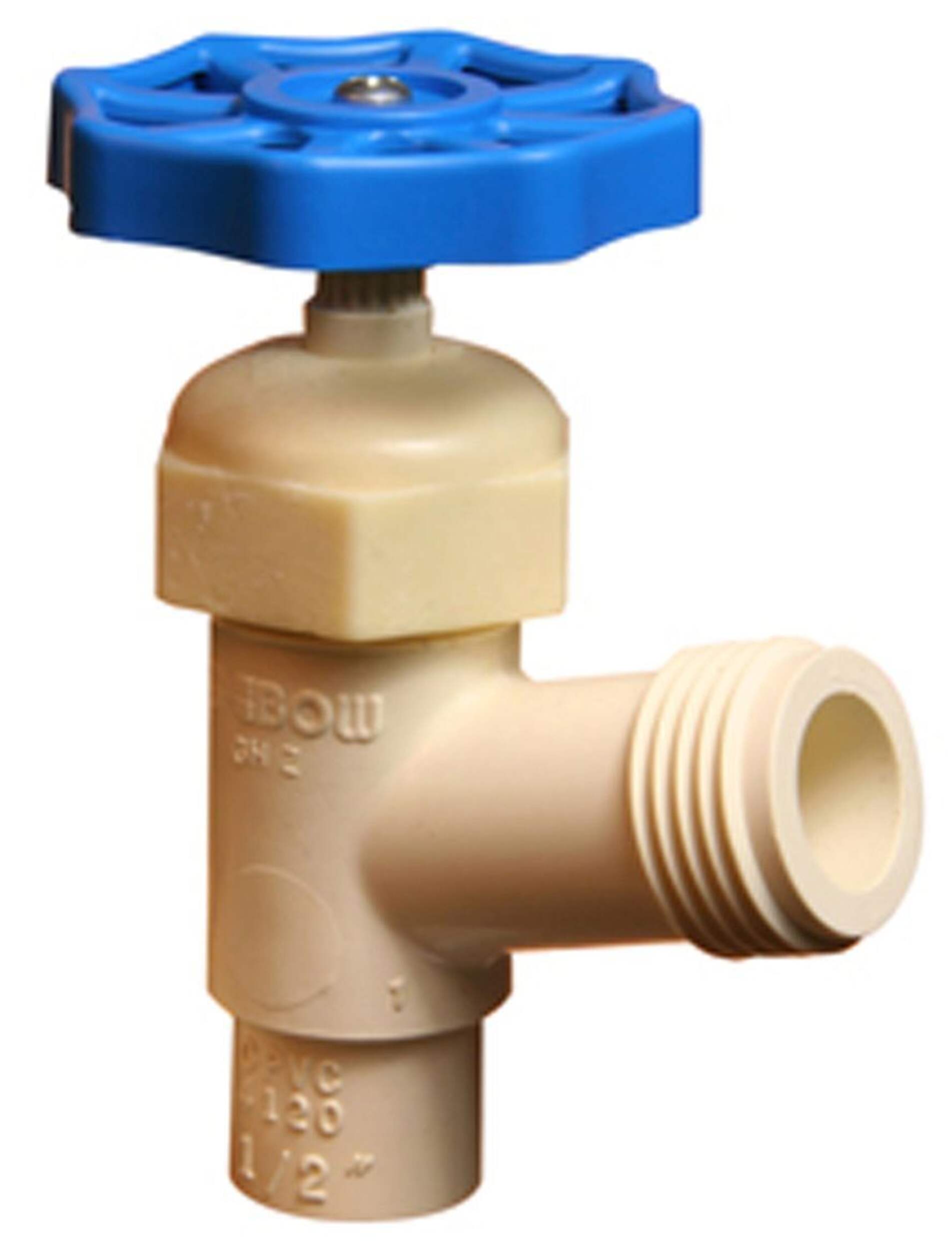 Bow CPVC Durable Female Pipe Thread x Hose Thread Broiler Drain Valve for Plumbing, Beige, 1/2-in Front_Three_Fourths_Angled_Right