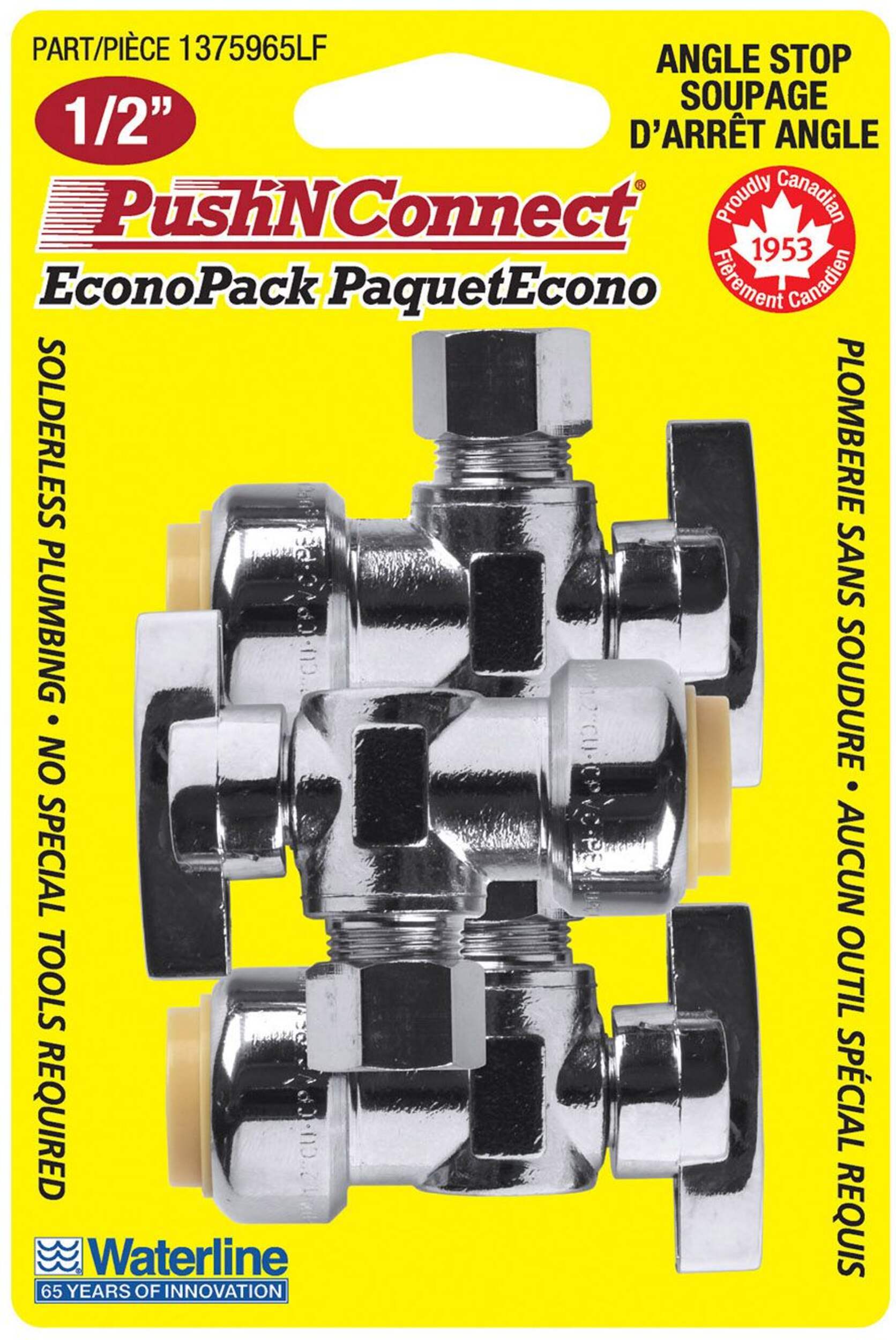 Waterline Push N' Connect Angle Stop Valve Set, 1/2 x 3/8-in, 3-pk Front_Flat