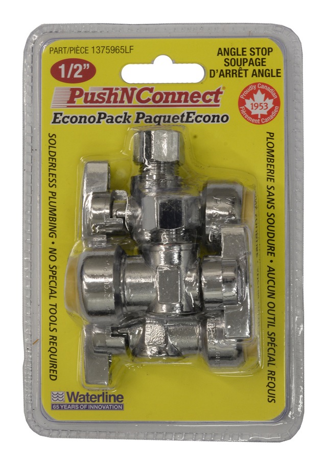 Waterline Push N' Connect Brass Angle Stop Valve Set, 1/2 x 3/8in, 3