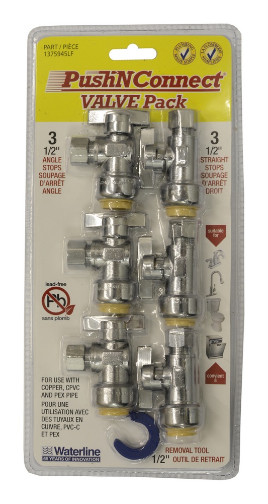 Waterline Push N' Connect Angle and Straight Stop Valve Set, 1/2in, 7