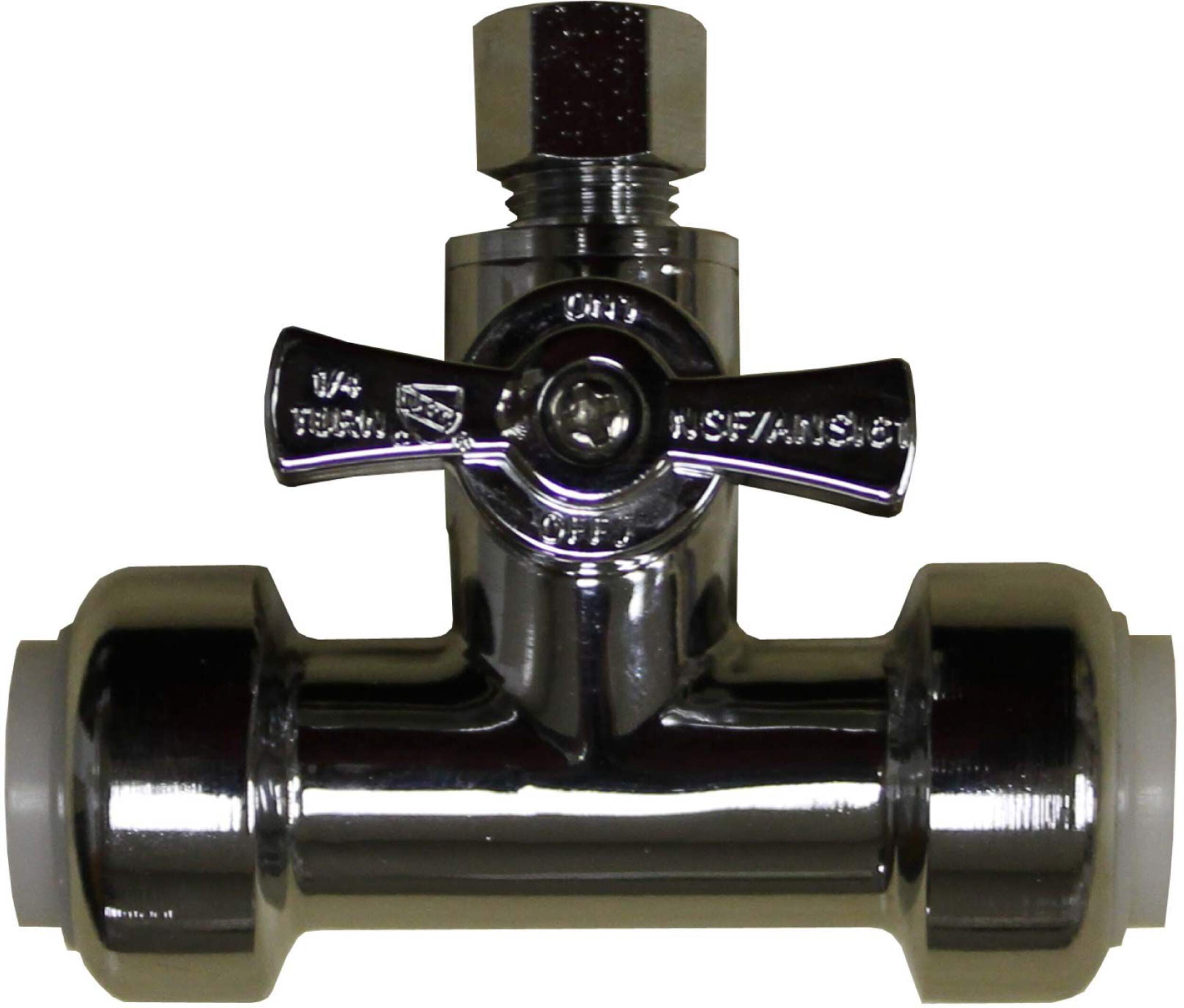 Waterline Push N' Connect Brass Tee Valve, 1/2-in Push x 1/2-in Push x 3/4-in OD Compression Front_Elevated