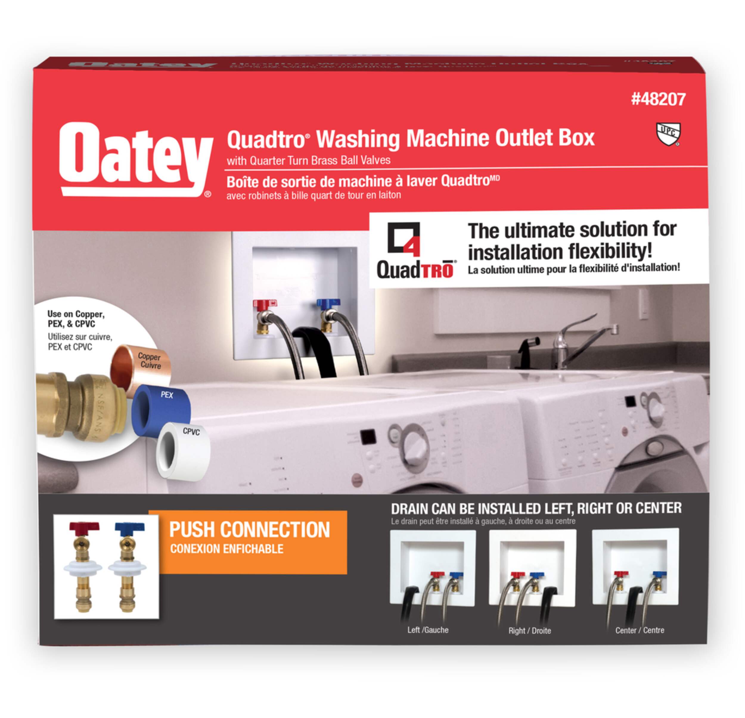 Oatey® Quadtro® Washing Machine Outlet Box with Quarter Turn Brass Ball Valves Front_Flat