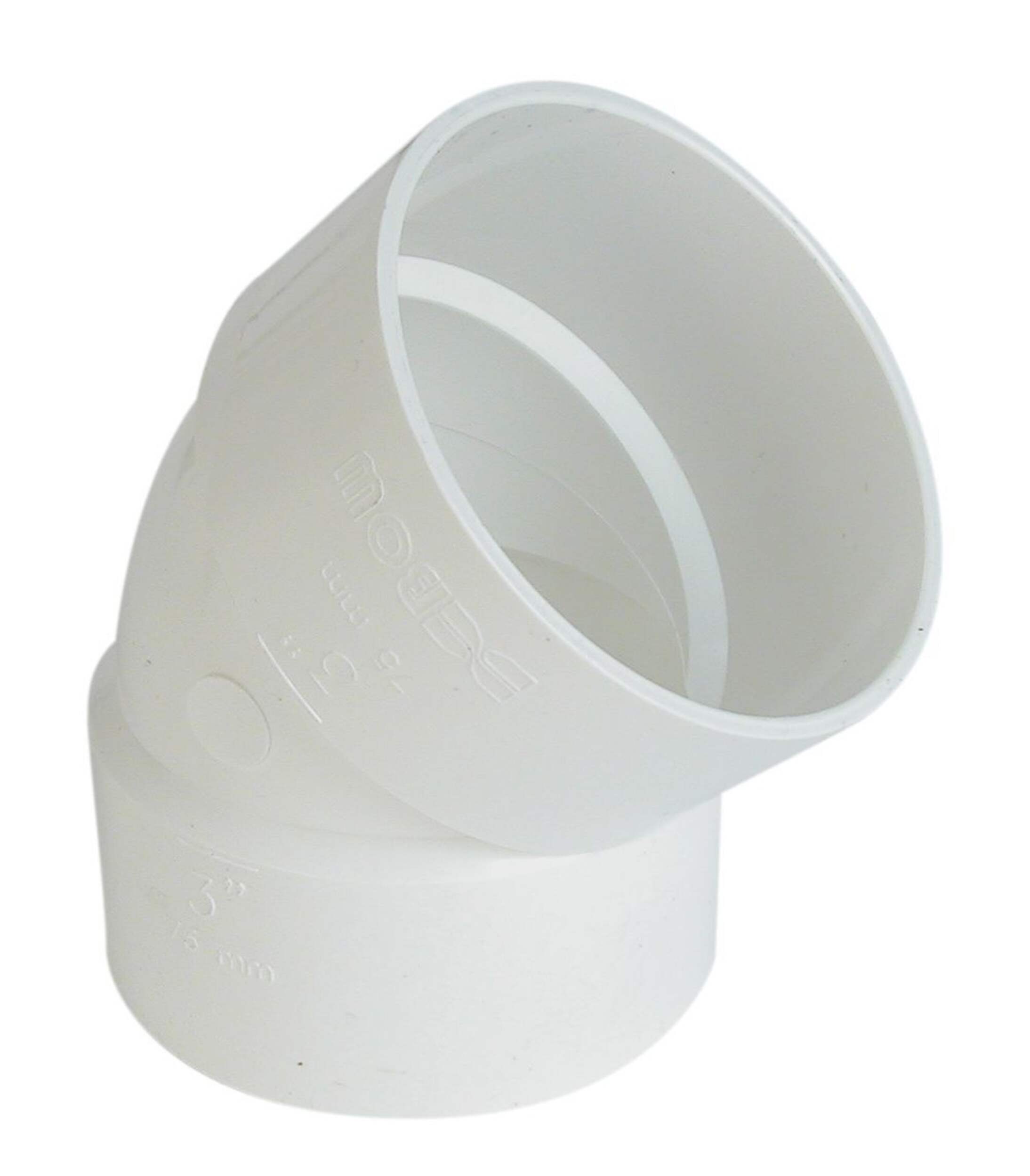 Bow PVC 45-Degree Elbow for Sewer and Drainage Fitting, White, Assorted Sizes Front_Three_Fourths_Angled_Right
