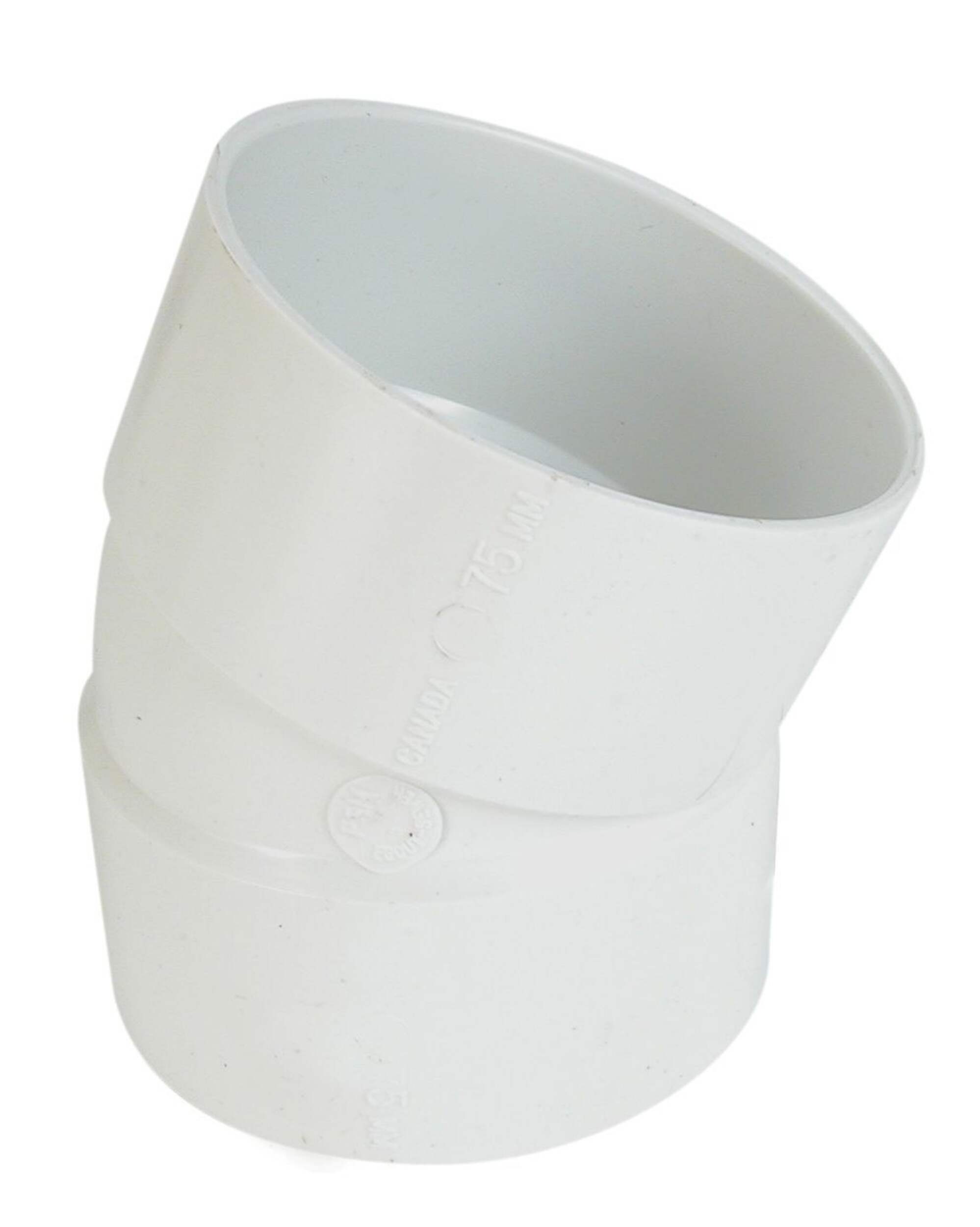 Bow PVC 22.5 Degree Elbow for Sewer and Drainage Fitting, White, Assorted Sizes Front_Three_Fourths_Angled_Right