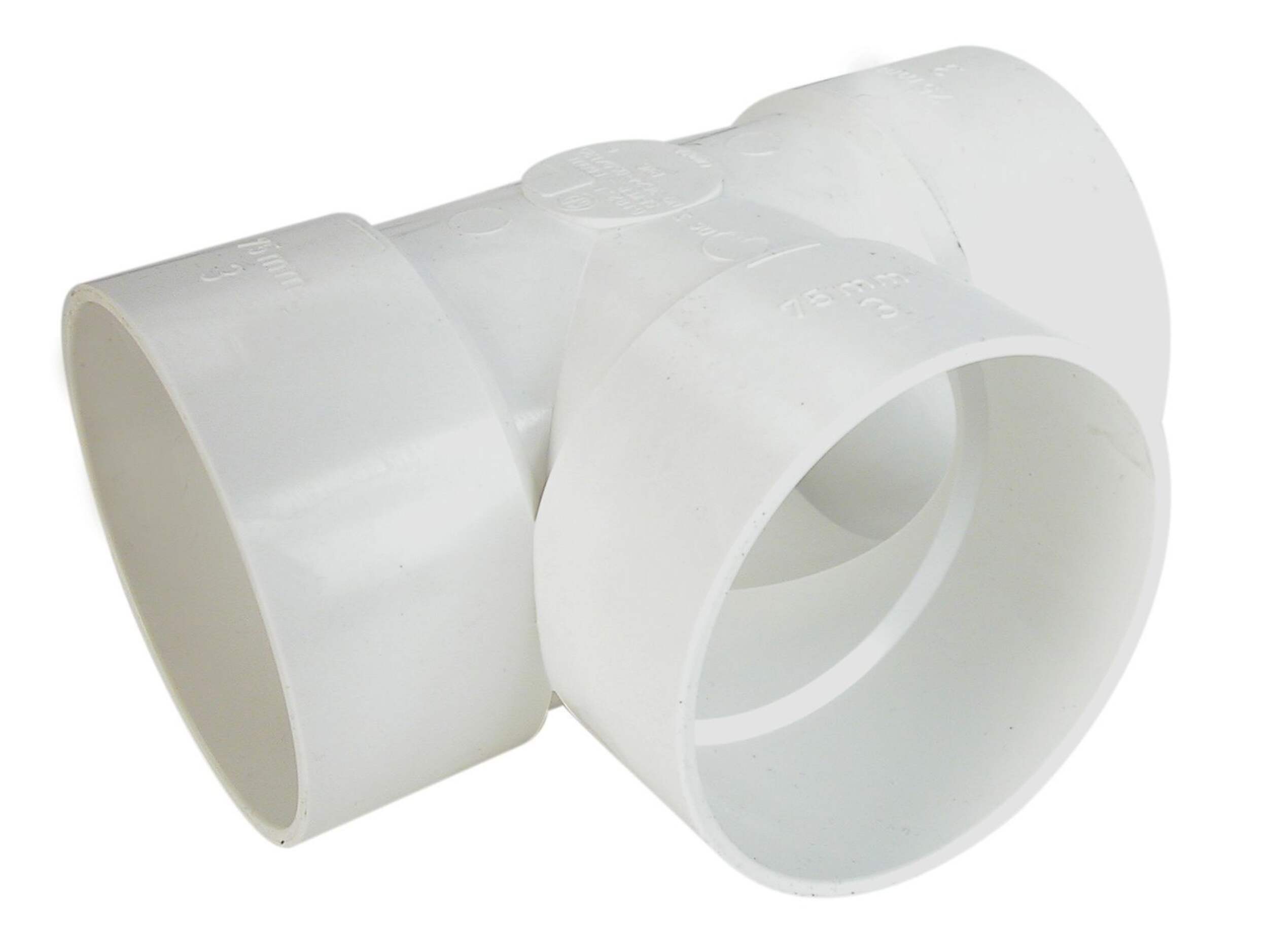 Bow PVC Straight Tee for Sewer and Drainage Fitting, White, Assorted Sizes Front_Three_Fourths_Angled_Right