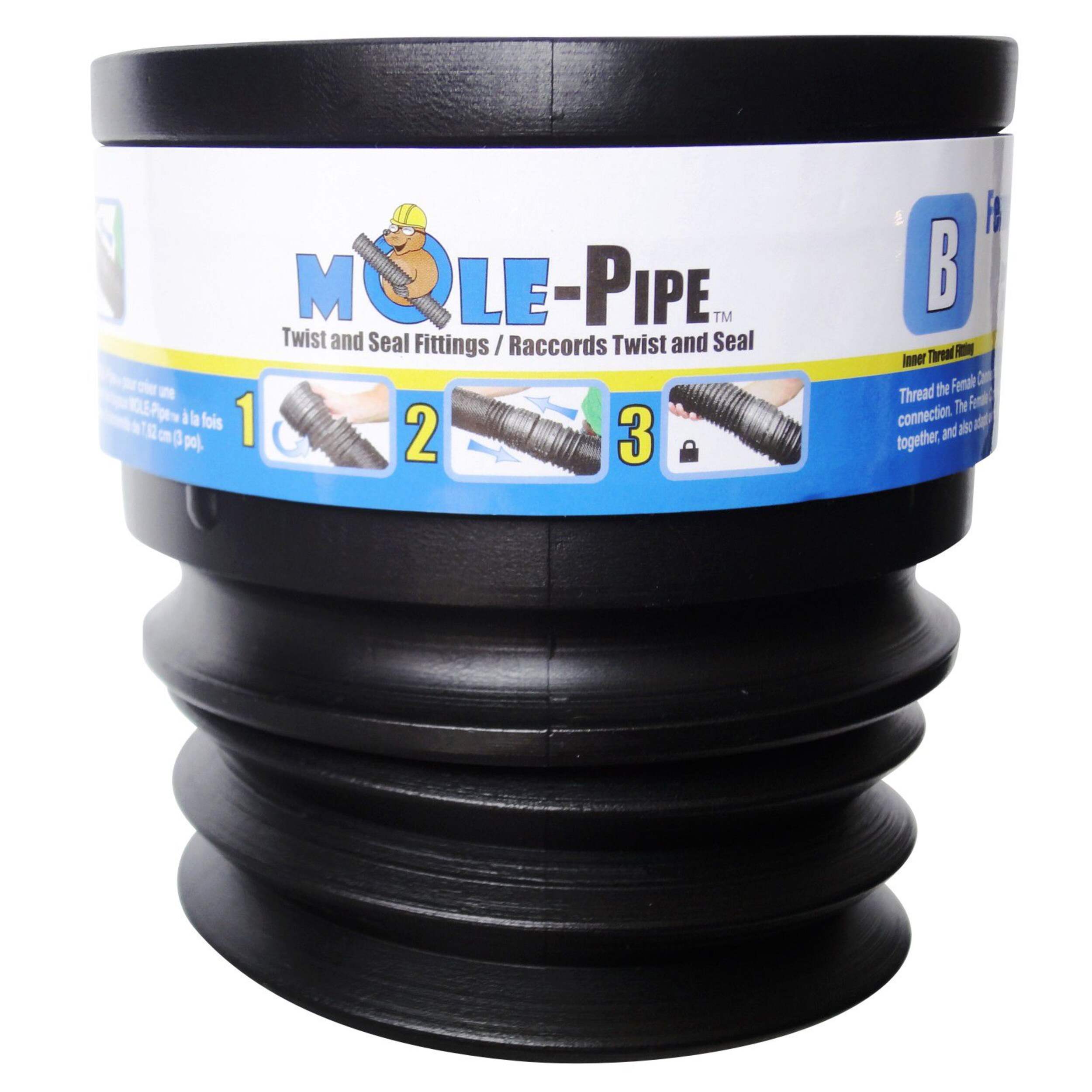 Mole-Pipe Twist and Seal Poly Female Connector, Black Front_Flat