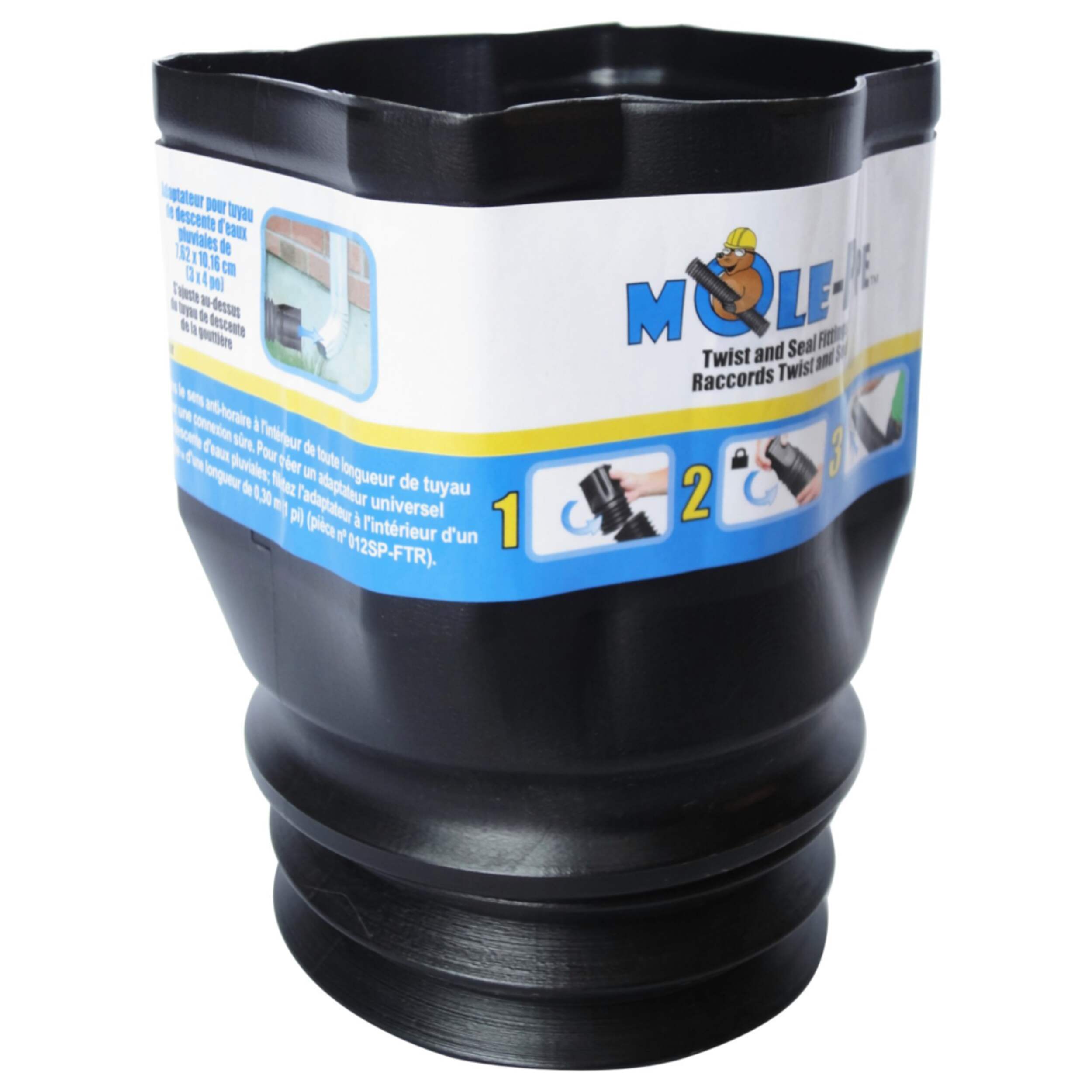 Adaptateur Twist and Seal Mole-Pipe en polypropylène pour tuyau de descente, 3 x 4 po Front_Angled_Right