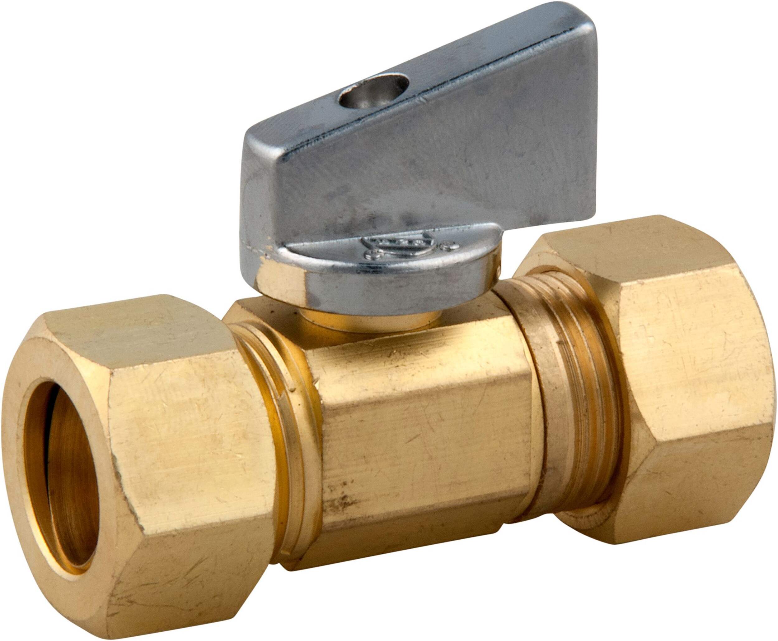 BrassCraft Rough Brass Mini Ball Straight Valve, 5/8-in OD Comp. x 5/8-in OD Comp. Front_Angled_Right
