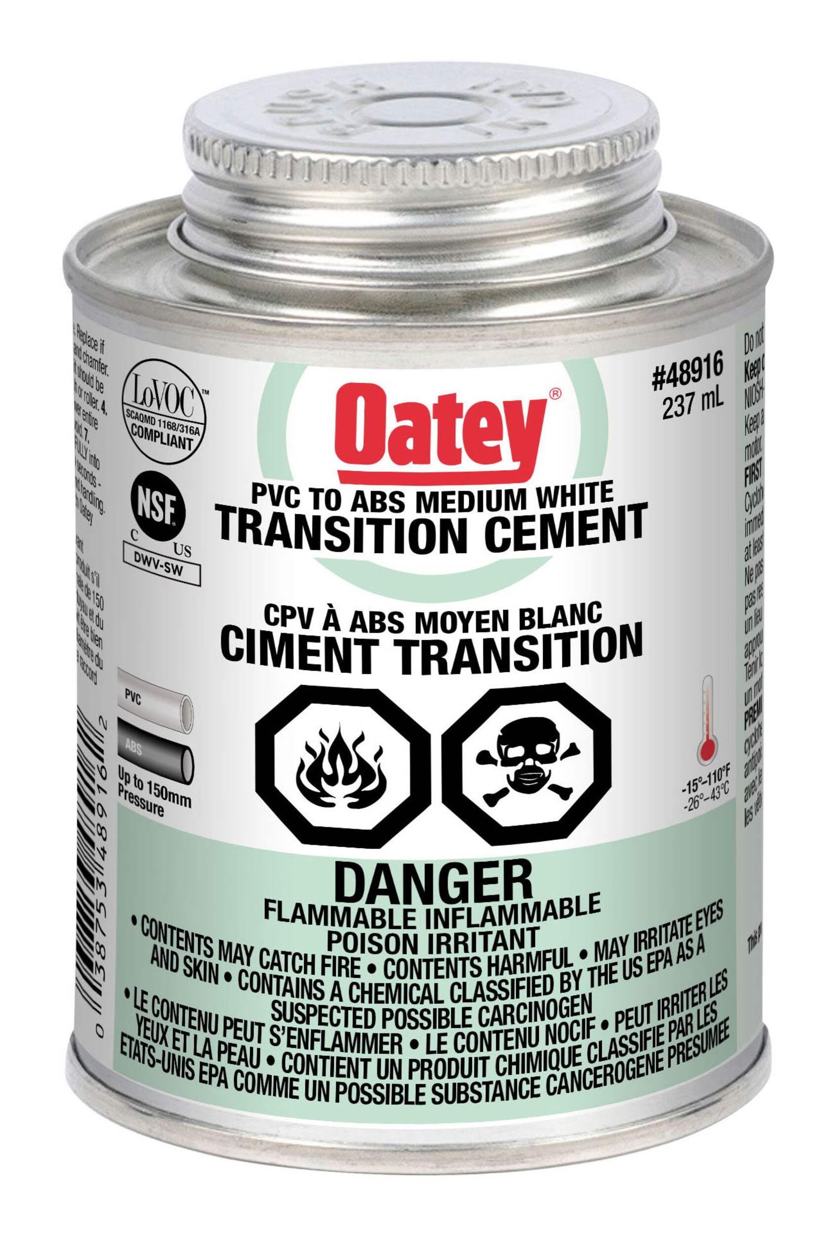 Ciment de transition ABS/PVC Oatey, moyen, blanc, 237 mL Front_Elevated