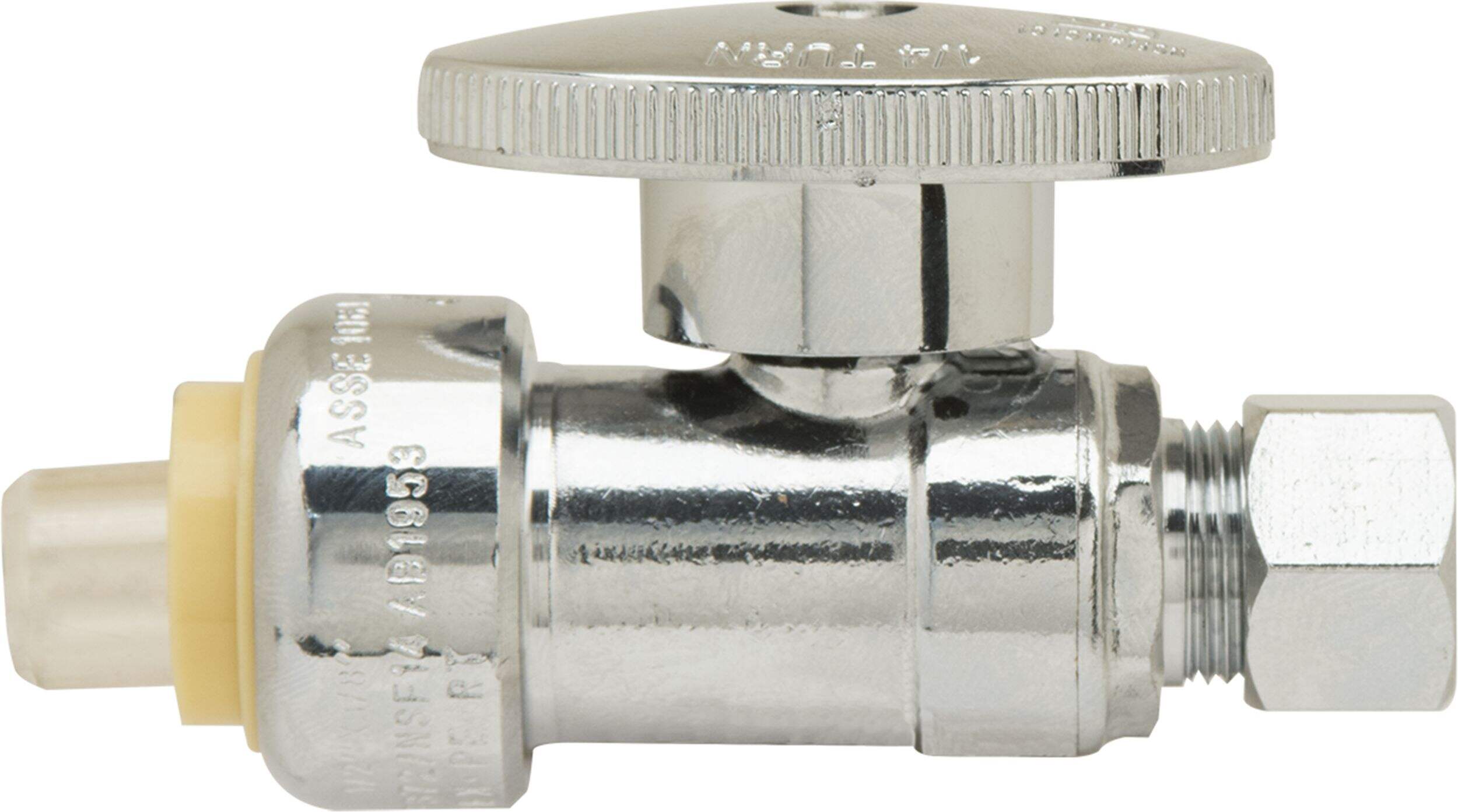 Robinet droit PlumbShop, raccord instantané nominal 1/2 po x extrémité à compression 3/8 po DE Front_Elevated