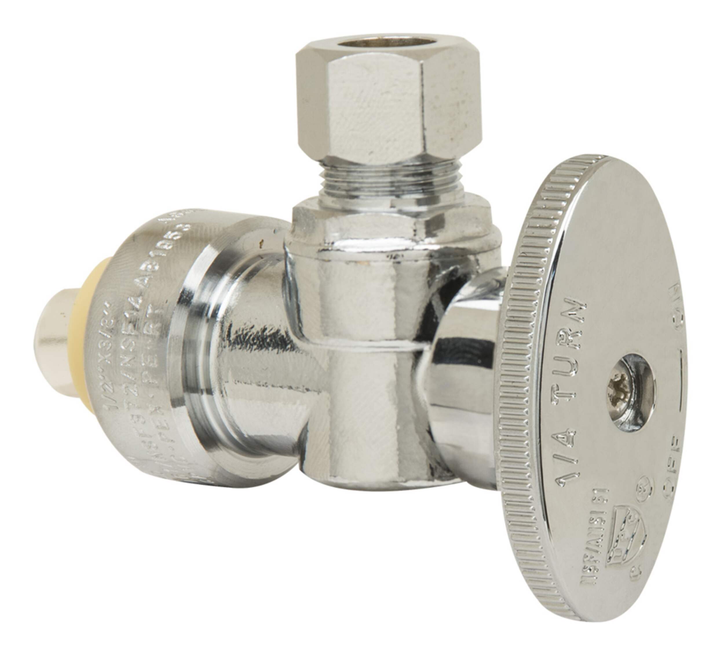 Robinet d'équerre chromé PlumbShop, raccord instantané nominal 1/2 po x extrémité à compression 3/8 po DE Front_Angled_Right