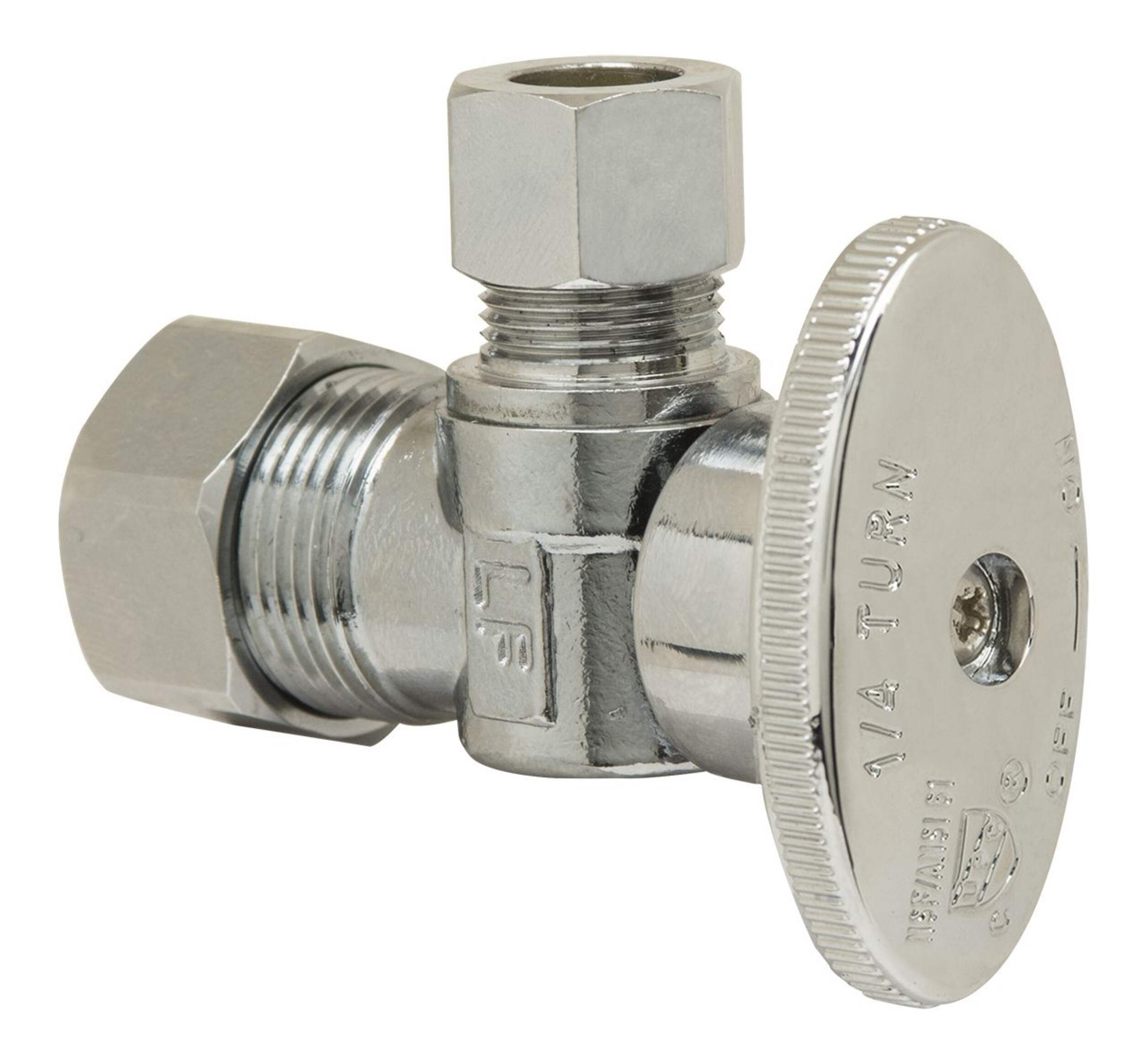 PlumbShop Chrome Plating Mini Valve, Elbow Shape, 1/2-in Nom. Comp x 3/8-in OD Comp Front_Angled_Right