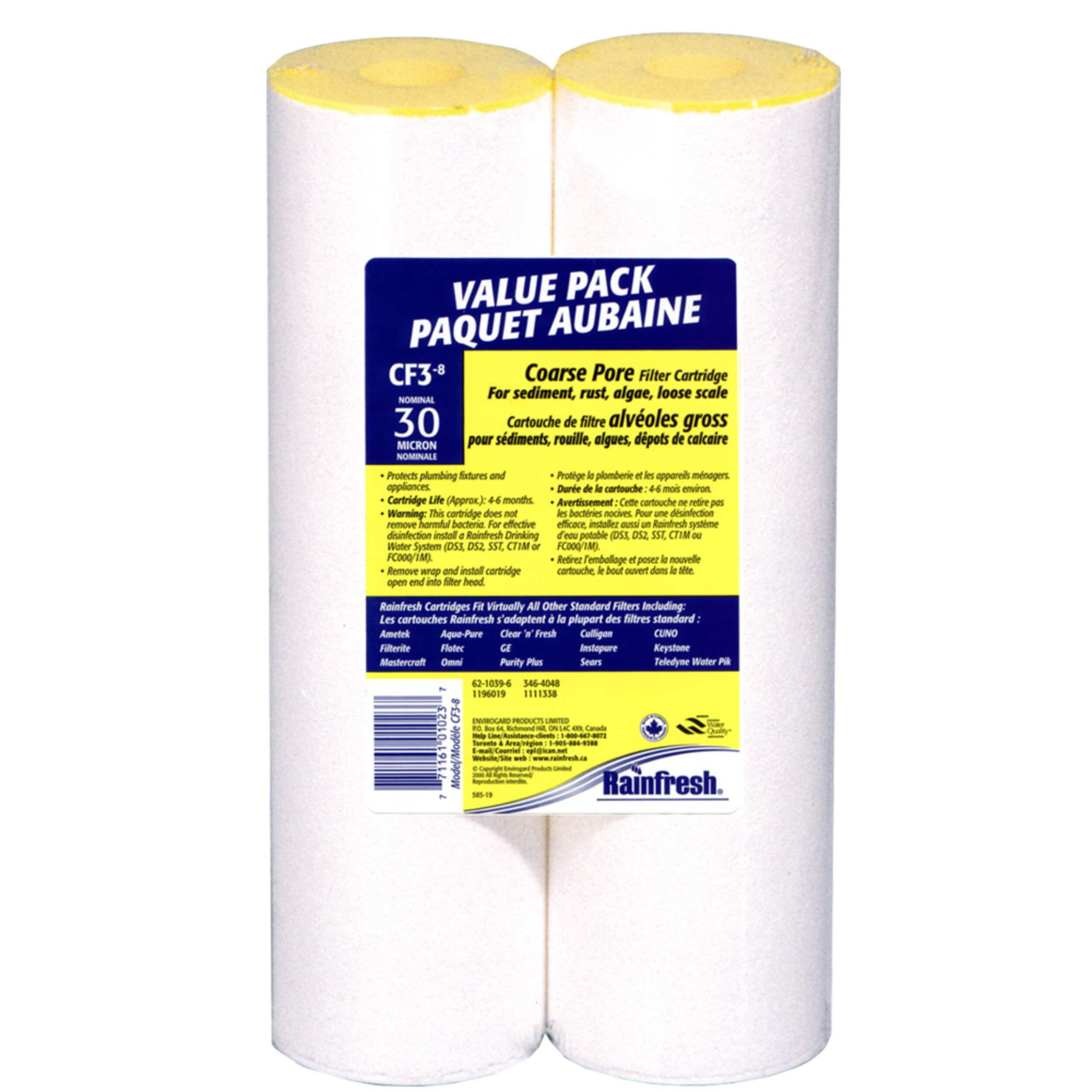 Cartouche de filtre Rainfresh à pores grossiers, CF3-8, 30 microns, paq. 2 Front_Elevated